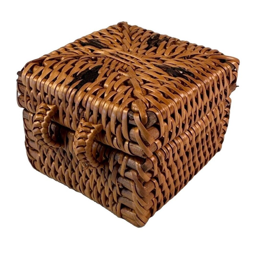 Vintage Small Wicker Rattan Woven Square Trinket Box Hinged Lid Miniature Boho